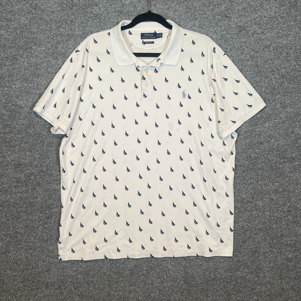 Polo Ralph Lauren Shirt Mens XL White Blue Polo Sailboat Stretch Custom Slim Fit